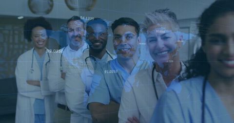 Diverse Medical Team with Futuristic World Map Overlay