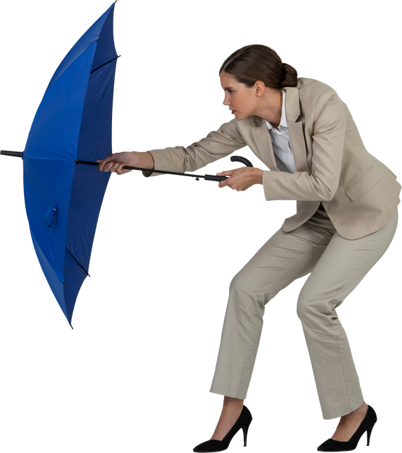 Transparent Businesswoman Defending with Blue Umbrella, Full Length - Download Free Stock Videos Pikwizard.com