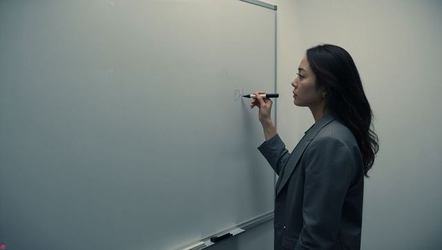 Businesswoman writing on whiteboard in modern office using black marker with copy space