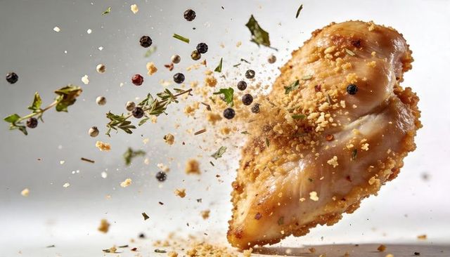 Crispy breaded chicken breast flying through exploding seasoning cloud with herb crumbs, high-speed