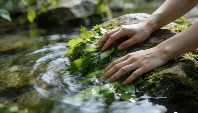 Hands pressing leaves in clear stream creating circular ripples by mossy rock for mindfulness