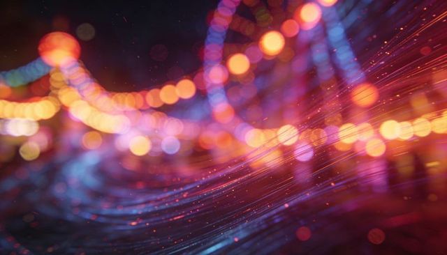 Neon light trails streaming through carnival bokeh, vibrant abstract night motion