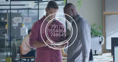 Two colleagues reviewing tablet with HUD data overlay for office collaboration analytics