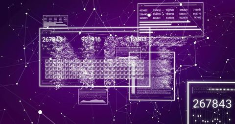 Visualizing neon network data streams over keyboard grid with HUD panels in cyber interface