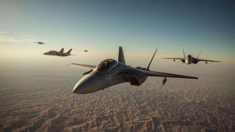 Ai-generated fighter jets flying in airstrikes formation over desert