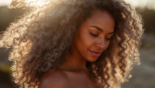 Gazing woman with voluminous curly hair catching golden rim light, sunlit beach closeup