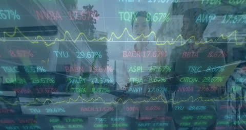 Overlay of Stock Market Data and Diverse Business Team Discussion