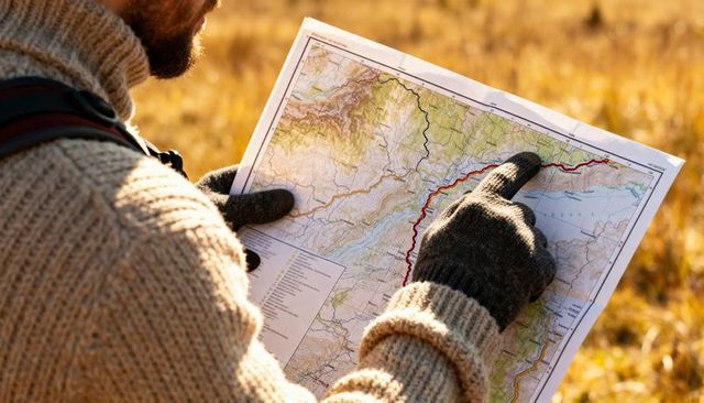Bearded hiker studying topographic map in golden meadow wearing wool sweater and gloves