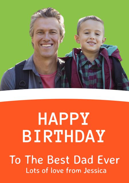 This heartwarming birthday greeting card features a smiling dad with a child, perfect for showing appreciation towards fathers. Ideal for family celebrations, Father’s Day, or capturing heartfelt moments between parent and child. Suitable for personalized birthday wishes or family-themed advertisements.