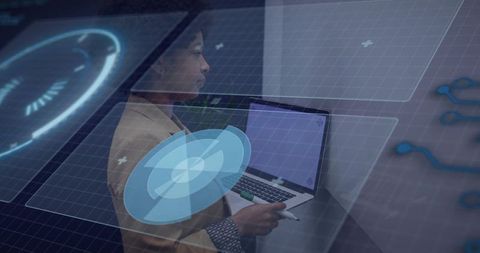 Woman presenting holographic HUD with laptop and stylus, data visualization tech demo