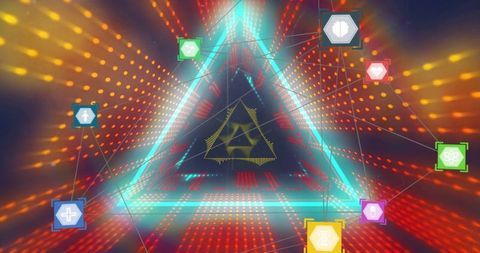 Futuristic neon network with data processing icons