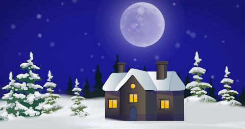 Winter Night Illustration with Snow-Covered House in Moonlight