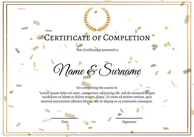 Elegant Certificate of Completion with Gold Frame and Confetti - Download Free Stock Templates Pikwizard.com