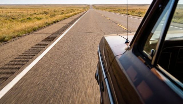 Driving endless prairie highway past brown car doorframe — open road roadtrip freedom