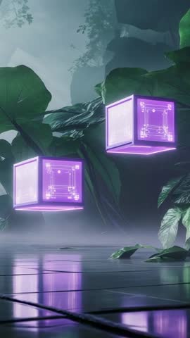 Violet Neon Cubes Floating and Rotating on Greenhouse Floor in Mist Vertical Sci-Fi Loop