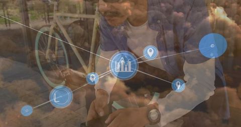 Man with Bicycle Analyzing Data Amidst Digital Overlay