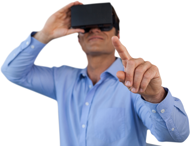 Businessman Engaging with Virtual Reality using Headset in Blue Shirt on Transparent Background - Download Free Stock Videos Pikwizard.com