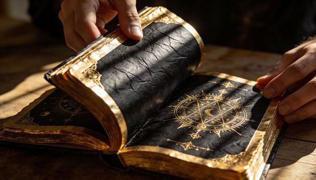 Turning ancient grimoire with gold filigree, gilded edges and celestial diagram
