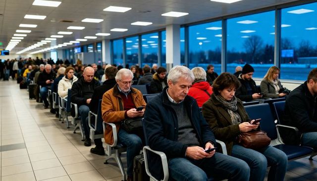 Senior travelers checking smartphones while waiting at crowded airport gate during dusk