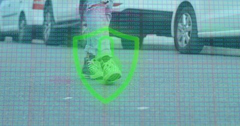 Neon green sneakers walking across data grid with digital shield for cybersecurity