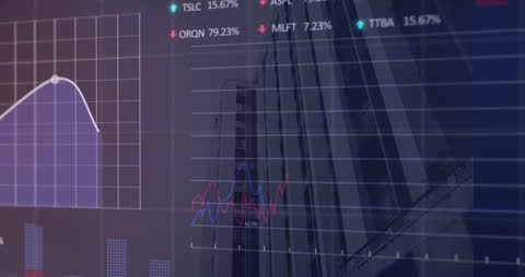 Futuristic Stock Market Data Visualization with Graphs and Buildings