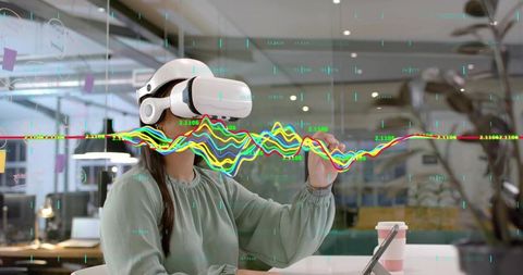 Woman Analyzing Holographic Data in Virtual Reality Office Setting