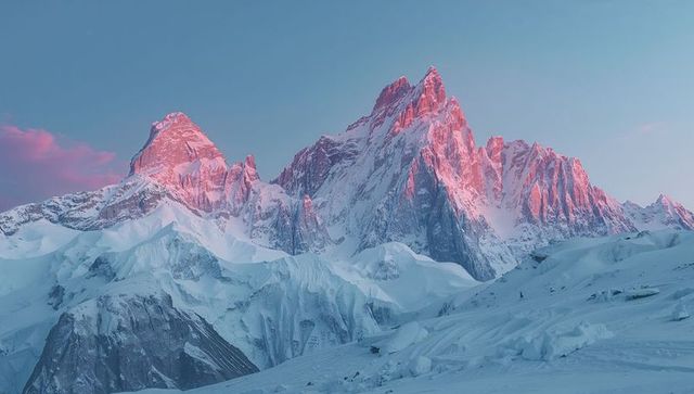 Majestic peaks bathed in pink alpenglow at dusk