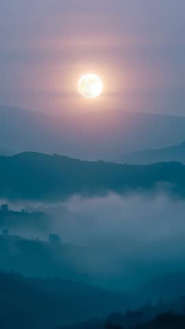 Pulsing Orb Bathing Mountain Valley in Teal Glow, Lifting Mist to Reveal Ridges — Vertical Video