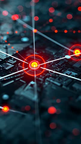 Aligning beam over glowing central hub emitting red network signals across PCB circuitry