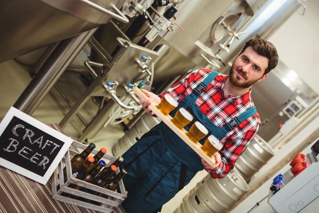 Brewery worker holding a tray of craft beer samples in a brewery. Ideal for use in articles or advertisements related to craft beer, brewing industry, beer tasting events, small business promotions, and manufacturing processes.