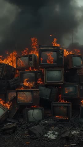 Vertical video of burning CRT TV pile in scrapyard, flames intensifying, smoke rising