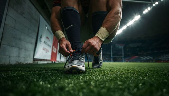 Rugby player tying cleats on stadium turf during pregame, dramatic low-angle action
