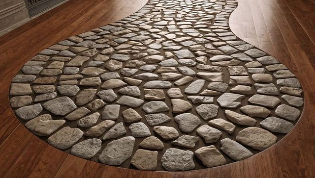 Curving river stone inlay on hardwood floor dark grout metal vent rustic mosaic design