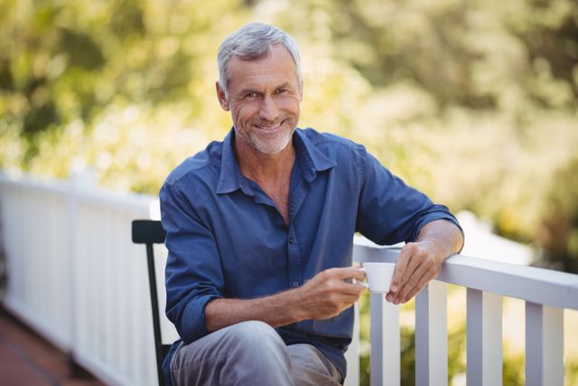 Mature man sitting on balcony, holding coffee cup, smiling. Ideal for use in lifestyle blogs, retirement planning articles, advertisements for coffee brands, or content related to relaxation and leisure.