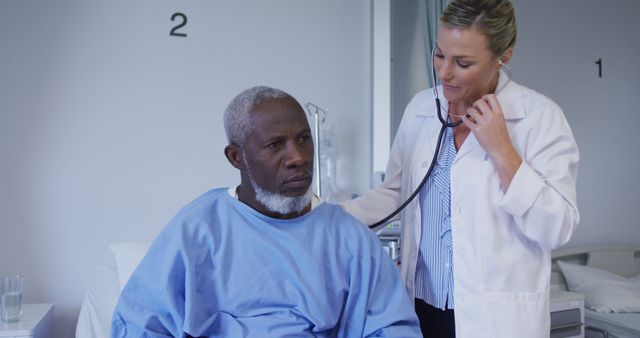 Healthcare professional examining elderly patient with stethoscope in hospital room. Suitable for medical, healthcare, and hospital-related projects. Can be used for promoting healthcare services, illustrating medical care, or educational purposes regarding patient-nurse interactions.