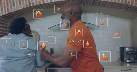 Mature couple cooking with augmented reality smart home hud overlays in modern kitchen