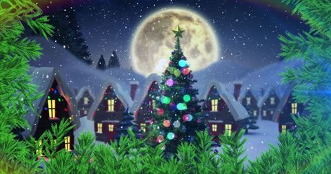 Christmas Tree in Snowy Village with Full Moon and Sleigh - Download Free Stock Images Pikwizard.com