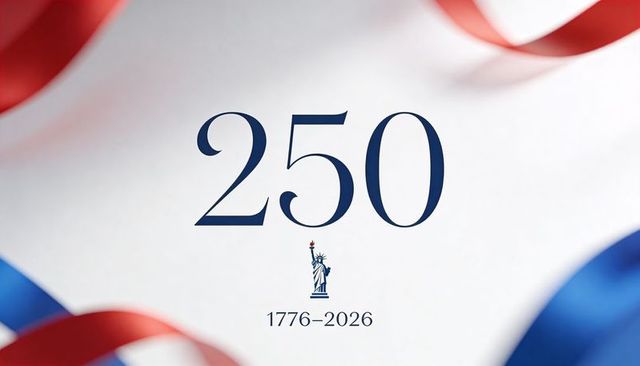 United States 250th Semiquincentennial Typographic Poster with Red and Blue Ribbons