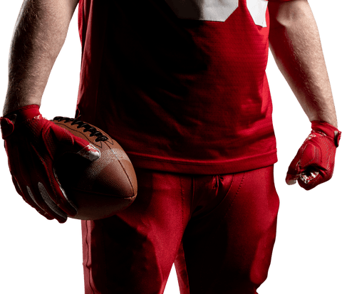 Sports enthusiast holding football wearing red uniform transparent background