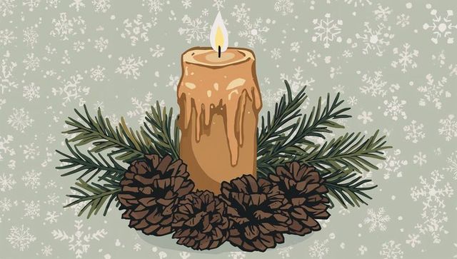 Glowing pillar candle with pinecones and evergreen sprigs holiday snowflake illustration