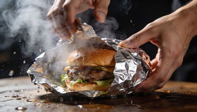 Chef unwrapping sizzling cheeseburger from foil with melted cheese and steam rising