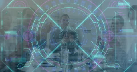 Digital Futuristic Interface with Business Team in Discussion