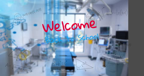 Welcome Back to School Overlaid on Science Lab Setting