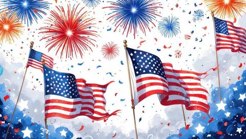 American flags and fireworks spectacle amidst patriotic celebration