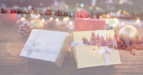 Festive Christmas Gifts with Winter Forest and Lights Overlay - Download Free Stock Images Pikwizard.com