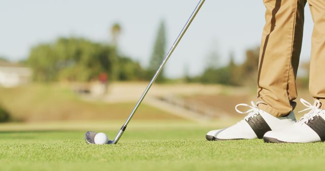 A close-up view of a golfer preparing to take a putt on a well-manicured green. The emphasis is on the club, ball, and player's shoes. Perfect for use in sports, golfing gear commercials, recreation promotional materials, or articles focused on golf techniques and outdoor sports.