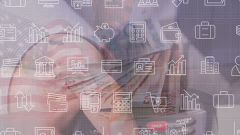 Illustration featuring financial symbols and icons over a blurred USA flag and various denominations of banknotes, conveying themes of global business, financial transactions, and patriotism. Ideal for use in business presentations, fintech visuals, or economic analyses.