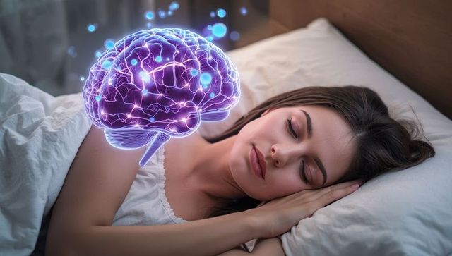 Woman Peacefully Sleeping with Glowing Brain Hologram