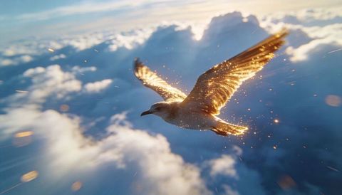 Golden-sparkle seagull gliding above layered cloudscape at sunrise with glowing wings