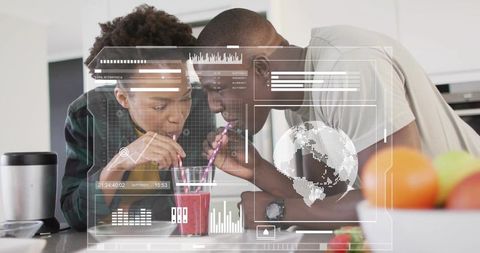 Leaning couple sipping red smoothie through dual straws in modern kitchen with hud overlay